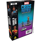 A black Marvel Crisis Protocol miniatures game box shown at an angle, with illustrated portraits of Shuri and Okoye on the side and two character miniatures pictured on the blue-to-purple front. The box reads “MARVEL CRISIS PROTOCOL” and “CP 08.”