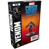 Marvel Crisis Protocol: Venom miniature game box shown at an angle, with front and side panels visible. The orange-to-red front shows black-suited Venom with a white spider emblem and pink tongue on a gray base; the side has Venom artwork and vertical “VENOM” lettering, alongside “MARVEL CRISIS PROTOCOL.”