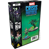 Angled box for Marvel Crisis Protocol: Loki and Hela, with a green front showing illustrated miniatures of the two characters and a black side panel with character portraits. Prominent text reads “MARVEL,” “CRISIS PROTOCOL” and “LOKI & HELA.”