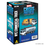 Box for the Marvel Crisis Protocol NYC Commercial Truck Terrain Pack, shown from the front and left side. The blue-and-black package features a yellow garbage truck and a silver tanker marked “OSCORP,” with “MARVEL CRISIS PROTOCOL” and “NYC COMMERCIAL TRUCK TERRAIN PACK” on the front.