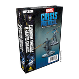 Black Marvel Crisis Protocol game box shown at an angle, with the front and left side visible. The blue-toned artwork shows Corvus Glaive and Proxima Midnight miniatures; prominent text reads “MARVEL CRISIS PROTOCOL” and “CORVUS GLAIVE & PROXIMA MIDNIGHT.”