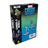 Angled view of a Marvel Crisis Protocol miniatures game box, with a blue-to-green front showing Gamora and Nebula miniatures on bases and character art on the black side panel. The front reads “MARVEL CRISIS PROTOCOL” and “MINIATURES GAME.”