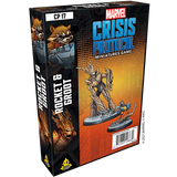 Angled view of the Marvel Crisis Protocol: Rocket and Groot miniature game box, with a black and orange front showing Groot and Rocket figures and character artwork on the side. The front reads “MARVEL CRISIS PROTOCOL” and the side reads “ROCKET GROOT.”