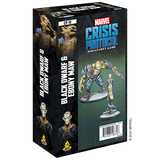 Black Marvel Crisis Protocol miniatures game box shown at an angle, with the front and side visible. The front depicts two figures on bases against a green background and reads “MARVEL CRISIS PROTOCOL”; the side shows character portraits and the names Black Dwarf and Ebony Maw.