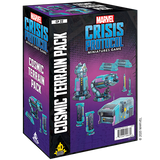 A purple-and-black Marvel Crisis Protocol box shown from the front and left side, with colorful illustrations of futuristic cosmic terrain pieces and structures. The box reads “MARVEL CRISIS PROTOCOL” and “COSMIC TERRAIN PACK.”