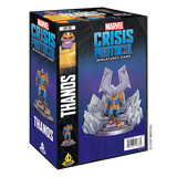 Marvel Crisis Protocol: Thanos Character Pack box shown at an angle, with the front and left side visible. Blue and purple graphics frame an illustration of Thanos in orange and blue armor among gray rocks; the packaging reads “MARVEL CRISIS PROTOCOL” and “THANOS.”
