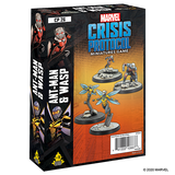 A black and orange Marvel Crisis Protocol miniatures game box, shown at an angle with the front and left side visible. The front displays painted Ant-Man and Wasp miniatures and the text “MARVEL CRISIS PROTOCOL”; the side has character artwork and “ANT-MAN & WASP.”
