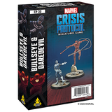 Black Marvel Crisis Protocol: Bullseye and Daredevil game box shown at an angle, with the front and left side visible. The front reads “MARVEL CRISIS PROTOCOL MINIATURES GAME” and depicts two figures on bases; character artwork and vertical “BULLSEYE” and “DAREDEVIL” lettering cover the side.