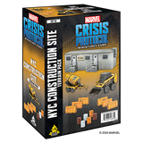Black-and-yellow Marvel Crisis Protocol terrain expansion box shown from the front and left side. The packaging reads “MARVEL CRISIS PROTOCOL” and “NYC CONSTRUCTION SITE TERRAIN PACK” and depicts a building marked “FISK,” construction vehicles, barriers and barrels.