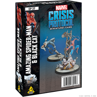 A black and blue Marvel Crisis Protocol game box, shown at an angle with front and side panels visible. The front features Spider-Man and Black Cat miniatures in action, while the side reads “AMAZING SPIDER-MAN & BLACK CAT”; the front reads “MARVEL CRISIS PROTOCOL.”