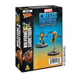 Marvel Crisis Protocol: Wolverine and Sabertooth game box shown at an angle, with its front and left spine visible. The blue-and-yellow front features two posed miniatures, Wolverine in blue and yellow and Sabretooth in brown; text reads “MARVEL CRISIS PROTOCOL” and “MINIATURES GAME.”