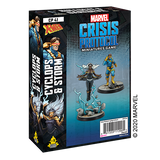 Marvel Crisis Protocol: Cyclops and Storm miniature set in a black and blue box, shown at an angle with the front and left side visible. The front depicts Cyclops in blue and yellow and Storm in a dark outfit with white hair; “MARVEL CRISIS PROTOCOL” and “X-MEN” appear on the packaging.