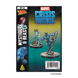 Front of a Marvel Crisis Protocol miniatures box, with painted Mystique standing beside blue Beast climbing a metal structure. The teal, yellow and black package features character art and the text “MARVEL CRISIS PROTOCOL” and “MYSTIQUE & BEAST.”
