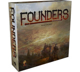 Founders of Gloomhaven board game box shown at an angle, with the illustrated front and left spine visible. The muted brown and gold fantasy artwork depicts a settlement and figures; “FOUNDERS” appears in large lettering on the front and spine.