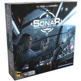 Angled view of the Captain Sonar board game box, showing its front and left spine. The dark blue-black cover depicts submarine crew at consoles beneath a large white “CAPTAIN SONAR” logo, with player and age icons along the bottom.