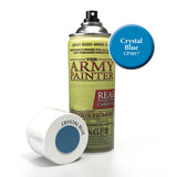 An upright aerosol can of The Army Painter colour primer with a yellow-green label and black spray nozzle stands beside its white cap, which lies on its side. A blue swatch reads “Crystal Blue” and “CP3017”; the can label prominently reads “THE ARMY PAINTER.”