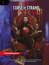 Cover of a D&D role-playing adventure showing a dark-haired man in black and red seated on an ornate crimson throne, holding a goblet, with a raven and scattered cards before a stormy castle. The cover reads “D&D” and “CURSE OF STRAHD.”