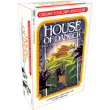 Angled view of the “Choose Your Own Adventure: House of Danger” board game box, showing the front and left spine. The front features a mansion above a dark path, framed by shadowy hands, with the title “HOUSE OF DANGER” in large white letters.