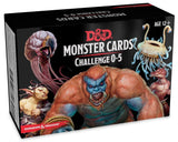 Black Dungeons & Dragons Monster Cards box shown at an angle, illustrated with a large orange-and-blue snarling monster and several smaller fantasy creatures. The front reads “D&D,” “MONSTER CARDS,” “CHALLENGE 0-5,” and “AGE 12+.”