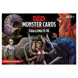Front of a black Dungeons & Dragons card deck package, illustrated with an armed woman between a pale winged figure, a purple spiked monster, a red dragon and a blue creature. Text reads “D&D,” “MONSTER CARDS” and “CHALLENGE 6-16.”