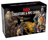 Black D&D Creature & NPC Cards box shown at an angle, with the front and top visible. The front features fantasy characters, a bird and other creatures, plus the text “D&D,” “CREATURE & NPC CARDS” and “AGE 12+.”