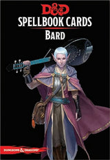 Front of a black D&D spellbook card deck package, with the red “D&D” logo and white “SPELLBOOK CARDS” and “BARD” lettering. A white-haired elf in a purple cloak holds a teal-necked stringed instrument across their shoulders.