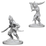 Two gray, unpainted Githyanki fantasy miniatures are shown on round bases against a white background: one crouches with a curved sword, while the other stands raising a large blade overhead. Both have detailed armor and spiked hair.