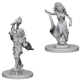 Two gray Medusa miniatures on round bases. One wears layered armor and a cape, raising an arm above its snake-haired head; the other wears a flowing dress, with one arm extended and sculpted snakes framing its face.