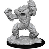 Unpainted gray Earth Elemental miniature posed with both rocky arms raised, its body formed from layered stone plates and boulders, standing on a textured rocky base with a black oval rim.
