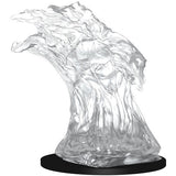 A translucent, clear plastic Water Elemental miniature rises from a black circular base, its flowing sculpted form sweeping upward with wave-like tendrils and raised arms. Shown alone against a white background.