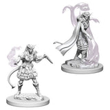 Two unpainted gray Tiefling female sorcerer miniatures on round bases, shown in separate poses: one wears layered armor and a skirt with a tail and raised hands; the other has a flowing cape and stands amid translucent-looking magical effects.