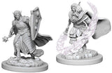 Two unpainted gray elf cleric miniatures stand on round rocky bases. One wears armor and a cape and carries a large shield and a small spiked weapon; the other has a flowing cape and a translucent pale-purple magical effect curling around him.