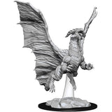 A gray, unpainted dragon miniature posed in flight above a rocky base, with large ridged wings spread and one foreleg raised. The detailed figure is shown alone against a white background.