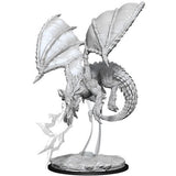 Unpainted gray young blue dragon miniature posed in flight, with large raised wings, a curled tail and a jagged breath effect extending from its mouth, supported above a rocky oval base.