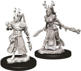 Two unpainted gray female druid miniatures stand on separate black round bases against a white background. One wears layered robes and carries a staff; the other has antler-like branches on her head and holds a curved blade and a branch.