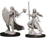 Two gray, unpainted female elf paladin miniatures stand on round black bases. One carries a large pointed shield and a long-handled weapon; the other raises a sword and wears layered armor, flowing hair and a cape.