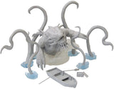 Unpainted gray Kraken miniature with a detailed central body and curling tentacles attached to translucent blue wave bases, shown with a gray rowboat and small treasure chest accessories in front.