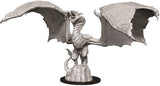 A gray wyvern miniature stands on a round black base with both textured wings spread wide. Its scaled body, curled tail, horned head and clawed limbs are shown from the front against a white background.