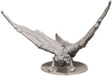 Unpainted gray young brass dragon miniature with a textured, scaled body and long wings spread wide, standing on an oval base against a plain white background.