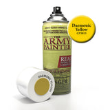 A Daemonic Yellow spray primer can stands beside its white cap lying on its side. The can has a pale yellow-green label, and a bright yellow color swatch reads “Daemonic Yellow” and “CP3015”; “THE ARMY PAINTER” is printed on the can.