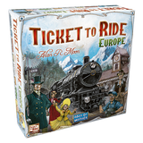 Angled board game box for Ticket to Ride: Europe, with a black steam locomotive, formally dressed travelers, mountains and European buildings on a pale blue cover. The title reads “TICKET TO RIDE EUROPE,” with “Alan R. Moon” and “DAYS OF WONDER” also visible.