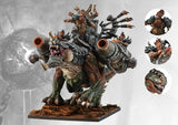 A fantasy Hellbringer Drake miniature with a heavily armored rider, spiked armor and two large cannon barrels, posed on a rocky black base. Three circular close-ups at right show the rider and details of the creature’s heads.