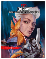 Cover of the D&D role-playing game book, featuring a white-haired, pointed-eared woman with an orange winged creature on her shoulder and an armored figure holding a sword against a blue background. The cover reads “EBERRON” and “RISING FROM THE LAST WAR.”