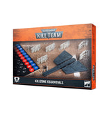 Kill Team: Killzone Essentials game box with orange and black packaging; the front shows red and blue tokens, pale barricades, and dark gray measuring gauges on a terrain backdrop. Text reads “WARHAMMER 40,000,” “KILL TEAM,” and “KILLZONE ESSENTIALS.”