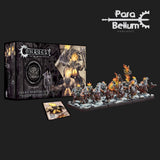 A Conquest Flame Berserkers miniature set shown with its illustrated box, a card, and a row of painted armored figures on snowy bases, some topped with orange flames. The box reads “Dweghom” and “FLAME BERSERKERS”; “Para Bellum” appears above.