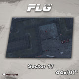 A dark blue-gray rectangular gaming mat printed with a sci-fi industrial floor plan, hex-patterned sections, panel lines and small red details. The graphic is labeled “Sector 17” and “44x30””, with “FLG MATS” above and a Frontline Gaming logo below.