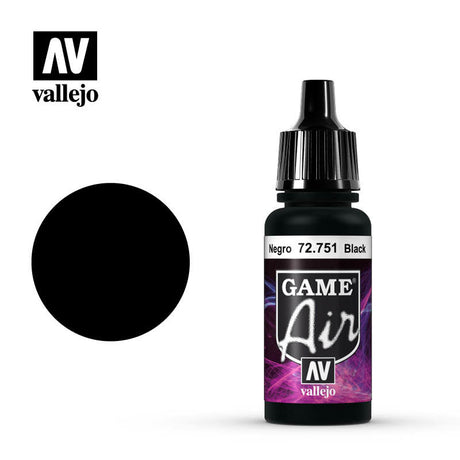 Black Vallejo Game Air paint bottle with a ribbed dropper cap, purple-and-black label reading “Negro 72.751 Black” and “GAME Air,” beside a solid black circular color swatch; the Vallejo logo appears above.