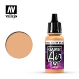 A small peach-tan paint bottle with a black dropper cap stands beside a matching circular color swatch. The purple-and-black label reads “GAME Air” and “vallejo”; a narrow band reads “Elfos 72.704 Elf Skin.”