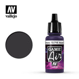 A small purple Vallejo Game Air paint bottle with a black dropper cap stands beside a dark charcoal circular color swatch. The label reads “GAME Air” and “vallejo,” with purple and magenta graphics; the shade name on the narrow top strip is partly cut off.