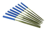 Eight metal hobby files with blue cylindrical handles are arranged in a fan on a white background. Their long gray metal shafts have varied narrow, tapered shapes and pointed tips.